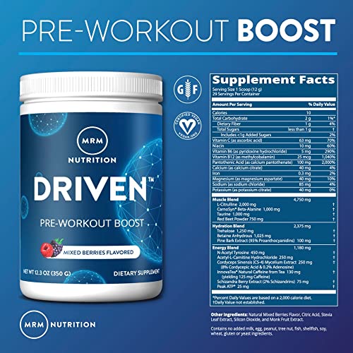 MRM Nutrition Driven Pre-Workout Powder | Strawberry Kiwi Flavored | 125mg Caffeine
