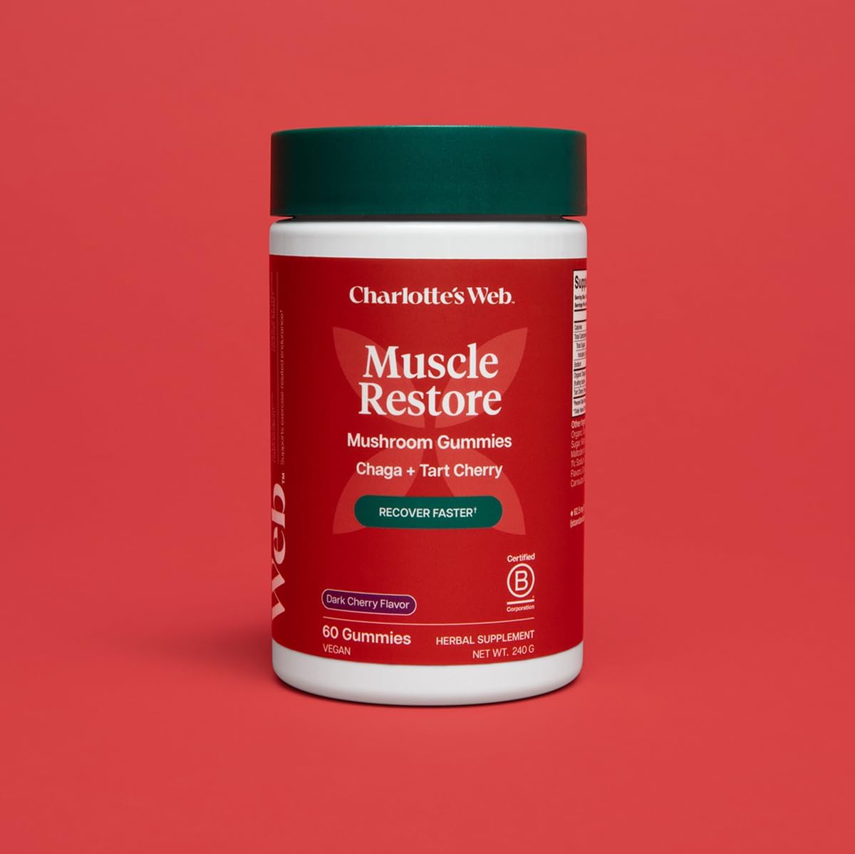Charlotte's Web Muscle Restore Mushroom Gummies for Adults — Chaga & Tart Cherry Supplement for Muscle Recovery and Fatigue — Vegan, Kosher, Non-GMO (Dark Cherry Flavor, 30 Servings)