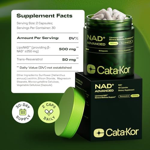 Cata-Kor NAD+ Supplement & Ca-AKG Complex - Liposomal NAD+ Supplement with Resveratrol (60 Capsules) & Ca-AKG, MSM, Hyaluronic Acid & Biotin Beauty Complex (90 Capsules)