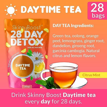 SkinnyBoost 28 Day Detox Tea Kit-1 Daytime (28 Bags) 1 Evening (14 Bags) Non GMO