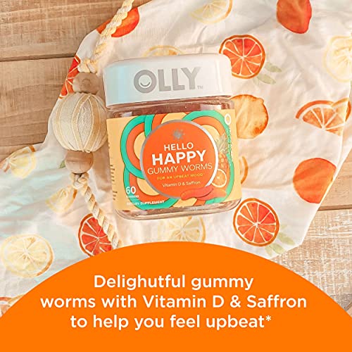 OLLY Hello Happy Gummy Worms, Mood Balance Support, Vitamin D, Saffron, Adult Chewa
