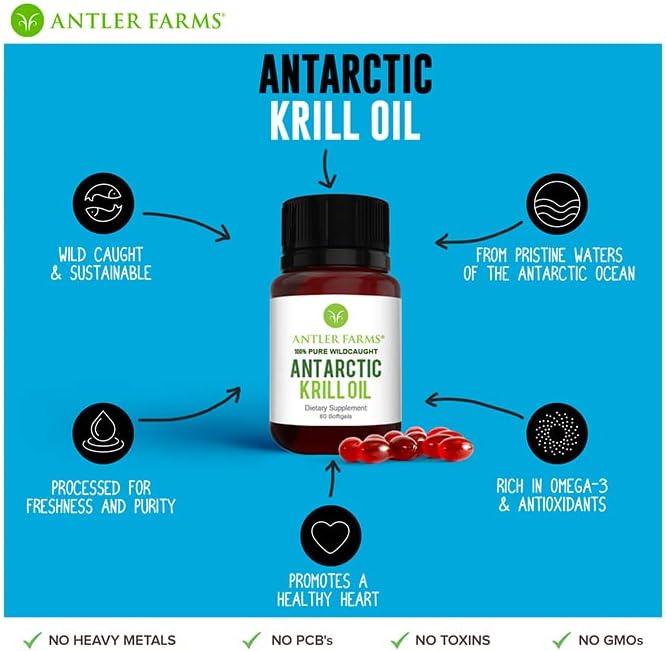Antler Farms Wild Caught Antarctic Krill Oil - 60 Softgels | 100% Pure Antarctic Krill Oil from Cold, Pristine Waters, Clean, Omega-3 EPA + DHA Supplement w/Astaxanthin, Rapid Absorption