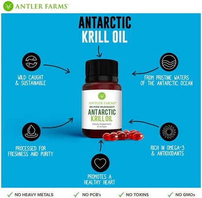 Antler Farms Wild Caught Antarctic Krill Oil - 60 Softgels | 100% Pure Antarctic Krill Oil from Cold, Pristine Waters, Clean, Omega-3 EPA + DHA Supplement w/Astaxanthin, Rapid Absorption