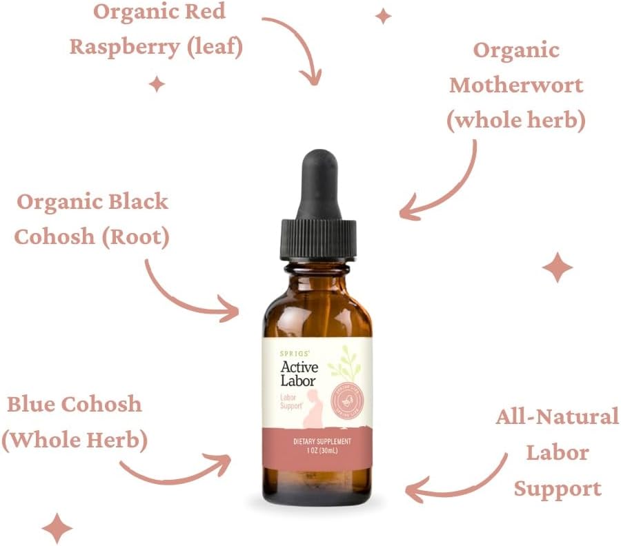 SPRIGS Active Labor, 1 Oz | Herbal Birth Support Tincture Supplement with Blue Cohosh, Red Raspberry Leaf & Motherwort Herb | Birthing Kit Essential to Help Healthy Contractions & Kick Start Delivery
