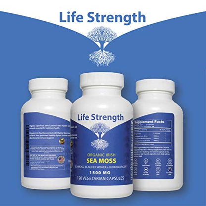 Life Strength Organic Sea Moss 120 CT Wildcrafted Irish Sea Moss and Bladderwrack Burdock