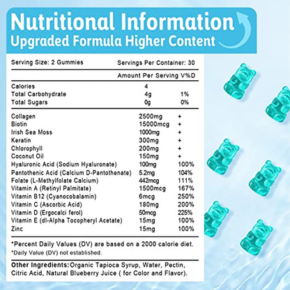 2 Pack Biotin Gummies 15000mcg with Collagen, Sea Moss, Chlorophyll & Keratin for Hair