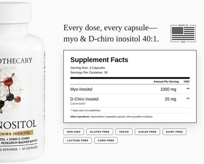 Myo Inositol D-Chiro 40:1 Ratio Capsules 1000mg + 25mg, 60 Count