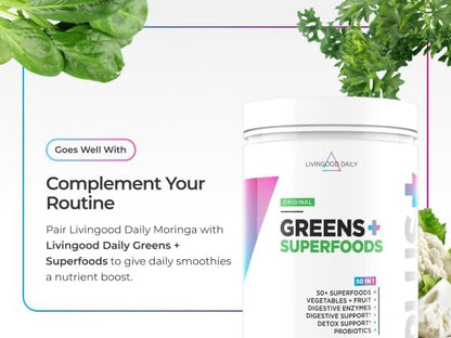 Livingood Daily Moringa Capsules, Moringa Supplement for Energy, Sleep, Satiety, Hair, Skin, Nails & Wellness, Plant Based Vegetarian, Gluten Free, Non GMO, Vegan, Daily Greens Superfood, 60 Capsules