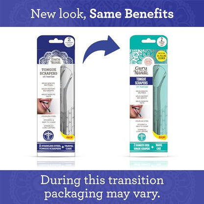 GuruNanda Tongue Scraper for Adults (2 Pack) with Travel Case, 420 Medical-grade 100%