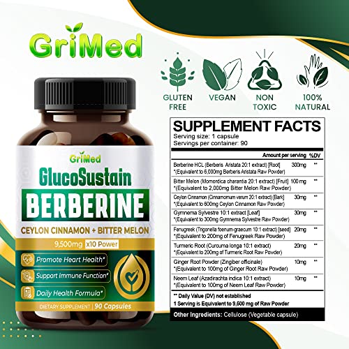 GriMed Berberine Supplement 9,500mg with Ceylon Cinnamon Bitter Melon Supports