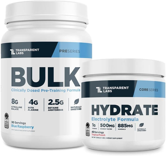 Transparent Labs Bulk Pre Workout Powder for Muscle Building & Strength 30 Servings, Blue Raspberry & Hydrate Electrolytes Powder with Coconut Water, Taurine, & Potassium 40 Servings, Tropical Punch