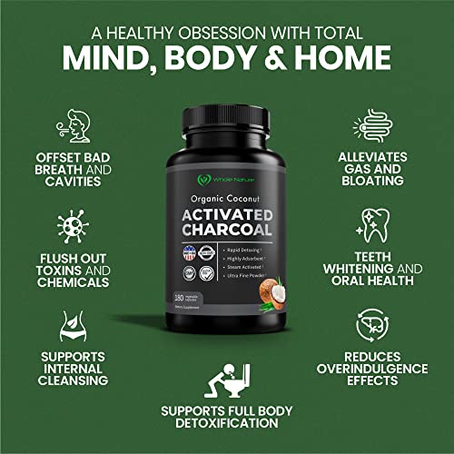 Coconut Activated Charcoal Capsules, 180 Charcoal Pills, Detox, Teeth Whitening, Reduce