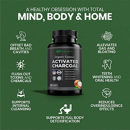 Coconut Activated Charcoal Capsules, 180 Charcoal Pills, Detox, Teeth Whitening, Reduce