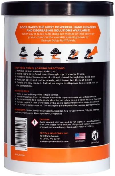 GOOP Orange Heavy Duty Ruff Towels with Scrubbing Power, 10” x 12” Dual Textured Multi-Purpose Cleaning Wipes, Removes Dirt, Grease, Oil, 72 Count