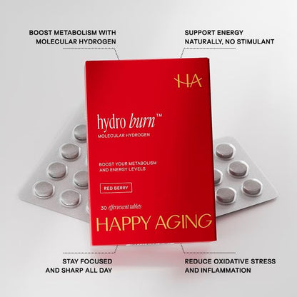 Happy Aging Hydro Burn H2 Molecular Hydrogen Water Tablets|Clean Energy & Metabolic Support| Molecular Hydrogen with Magnesium| Fast-Dissolving, Keto Antioxidant|30 Red Berry Tablets