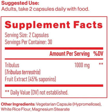 Mdrive Tribulus Terrestris 45% Saponins - Supplement for Men's Health, Promotes Virility, Supports Testosterone Levels, 60 Capsules, Gluten-Free Non-GMO