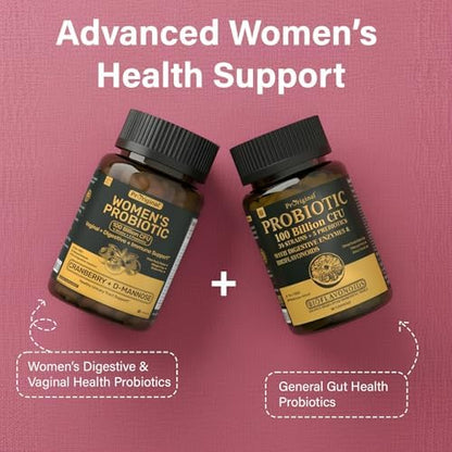Probiotics Bundle for Women & Men – 2 Pack Gut Health Support | 100 Billion CFU Probiotics with Prebiotics, Enzymes & Citrus Bioflavonoids + Women’s Probiotic for Digestive, Vaginal & Urinary Health w