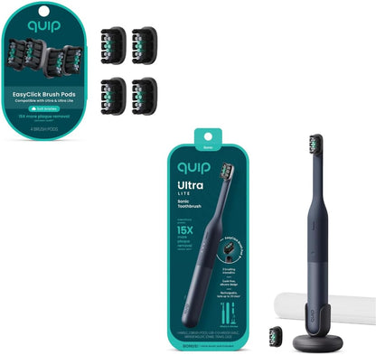 Quip Ultra Lite Sonic Electric Toothbrush with EasyClick Brush Pod Refill Heads Product Bundle - Slim Lightweight Design, 15X More Plaque Removal - Soft Bristles, Compact - Ash Black
