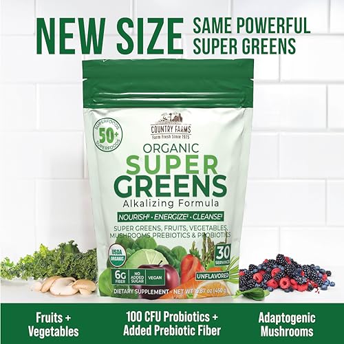 COUNTRY FARMS Super Greens Natural Flavor, 50 Organic Super Foods, USDA Organic