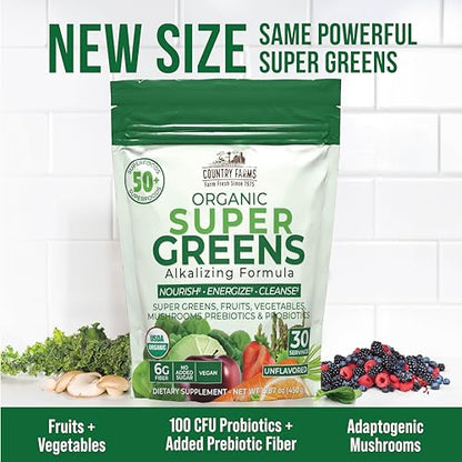 COUNTRY FARMS Super Greens Natural Flavor, 50 Organic Super Foods, USDA Organic