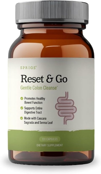 SPRIGS Reset & Go Dietary Supplement, 120 Capsules | Gentle Herbal Colon Cleanse to Support the Digestive Tract & Elimination Without Causing Urges to Go | Organic Ginger, Senna, Psyllium & Aloe Vera