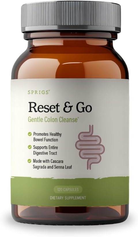 SPRIGS Reset & Go Dietary Supplement, 120 Capsules | Gentle Herbal Colon Cleanse to Support the Digestive Tract & Elimination Without Causing Urges to Go | Organic Ginger, Senna, Psyllium & Aloe Vera