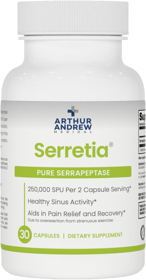 Arthur Andrew Medical, Serretia, Pure Serrapeptase Enzyme, 30 Capsules | Pure Serrapeptase Enzyme (250,000 SPU) In Acid Armor Capsules For Muscle Soreness, Recovery, & Sinus Support