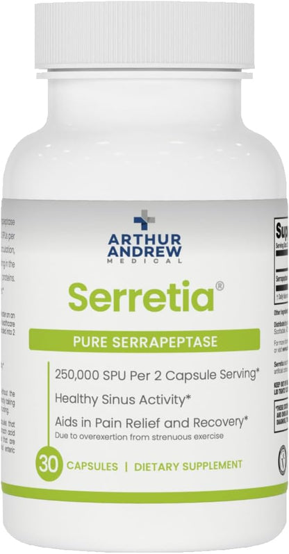 Arthur Andrew Medical, Serretia, Pure Serrapeptase Enzyme, 30 Capsules | Pure Serrapeptase Enzyme (250,000 SPU) In Acid Armor Capsules For Muscle Soreness, Recovery, & Sinus Support