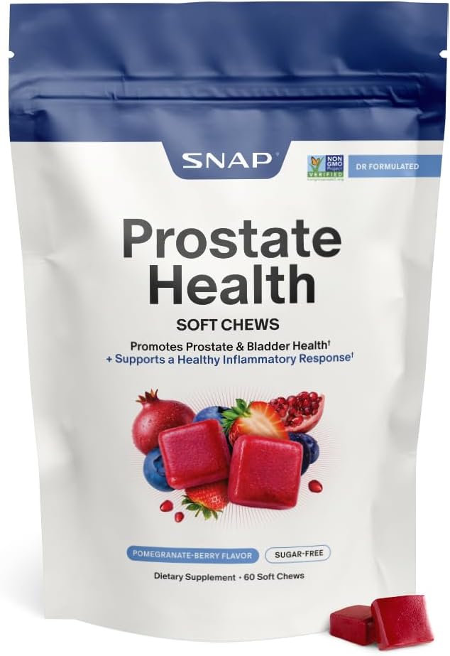 Snap Supplements Prostate Health Supplement for Men, 60 Sugar-Free Chews | Plant Sterols, Nettle Root & Reishi Mushroom - Supports Prostate and Urinary Wellness, Pomegranate-Berry Flavor, Vegan