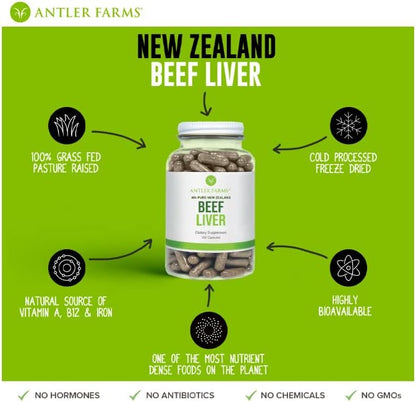 Antler Farms New Zealand Beef Liver & Bone Marrow Bundle | Grass Fed Beef Liver and Bone Marrow Supplement Bundle, Desiccated, Cold Processed, Pure and Clean Capsules