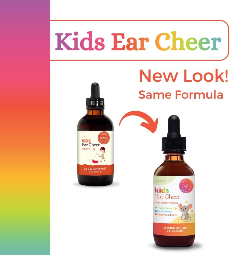 SPRIGS Kids Ear Cheer Tincture to Support Healthy Ears, 2 Fl Oz | Gentle Soothing Formula with Garlic Oil & Organic Mullein to Support Comfort | Easy to Use & Convenient Dropper for Children