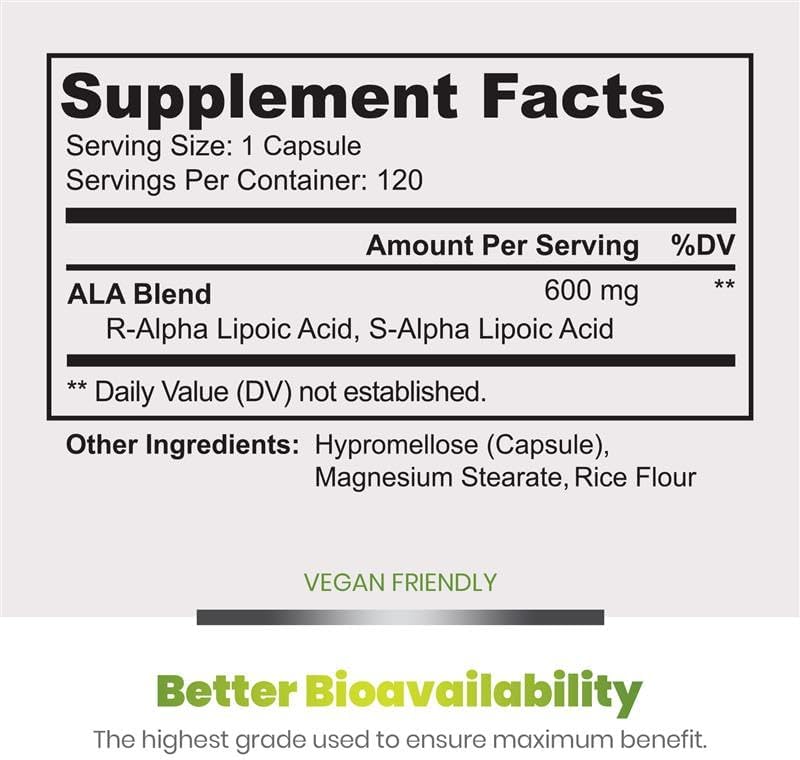 Simply Natures Pure Alpha Lipoic Acid 600mg 120 Veggie Capsules, Non-GMO Thioctic Acid 4 Month Supply