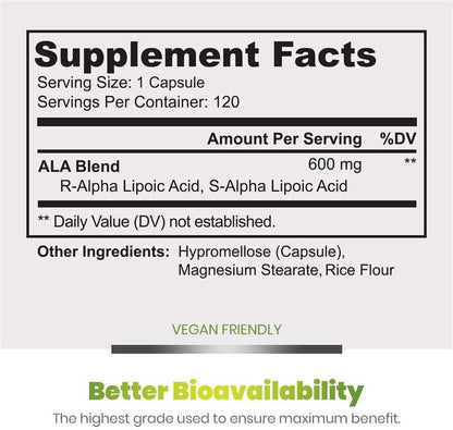 Simply Natures Pure Alpha Lipoic Acid 600mg 120 Veggie Capsules, Non-GMO Thioctic Acid 4 Month Supply