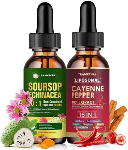 Soursop Echinacea Drops & Liposomal Cayenne Pepper Drops Supplement Bundle