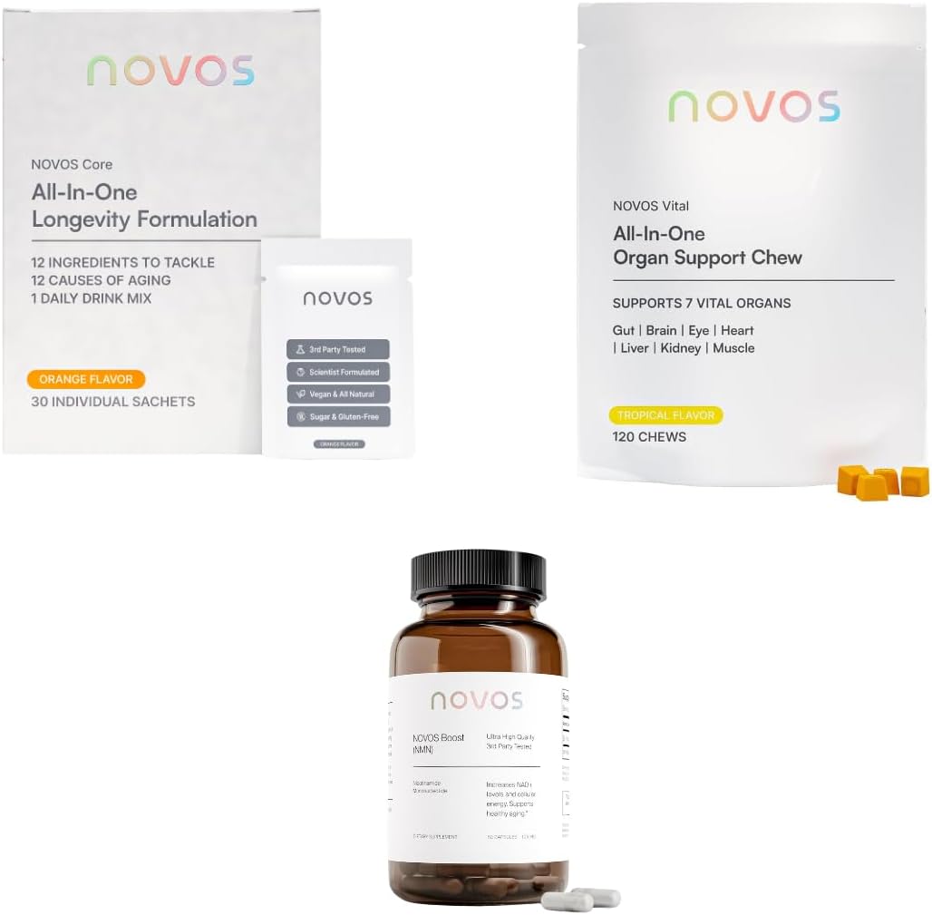 Novos Core Orange + Vital Chews + Boost NMN – Advanced Longevity System | Drink Mix, Chews & Capsules for Cellular Energy, Organ Health & DNA Support