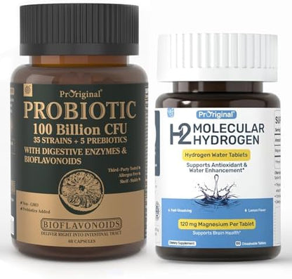Hydrogen Water Tablets + Probiotics with Prebiotics Bundle 12 PPM H2 Hydrogen Tablets & 35 Strain Probiotics 100 Billion CFU | Daily Supplement Routine | 2 Items
