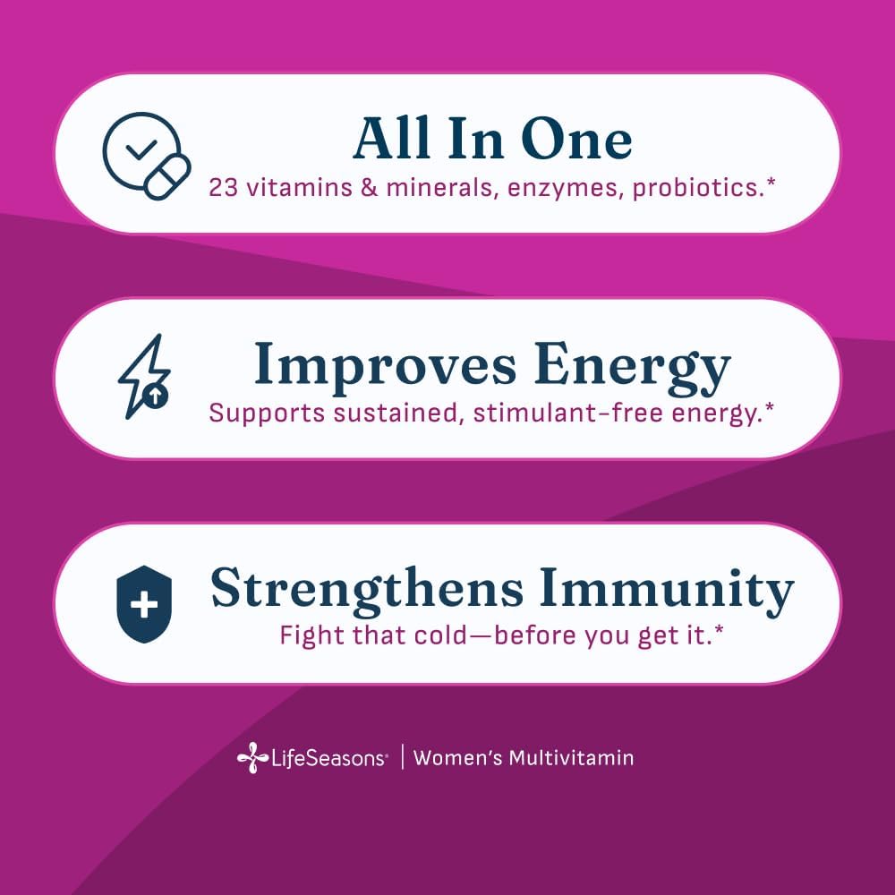LifeSeasons Women's Multivitamin – High Potency with 21 Vitamins & Minerals, PureWay-C®, NAD+, Active B-Vitamins, TRAACS® Chelates, enXtra® for Energy, Probiotics & Mushrooms – 120 Veg Capsules