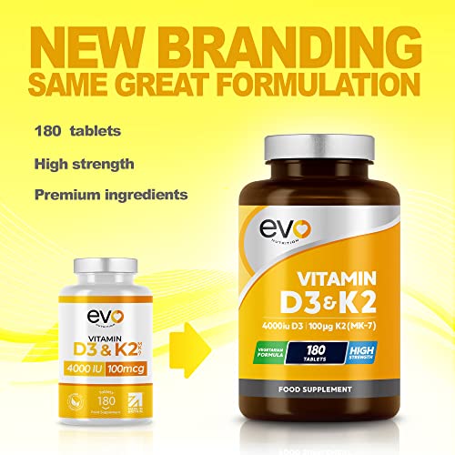 Vitamin D3 4000iu & Vitamin K2 100ug (MK7) |180 Vegetarian Tablets | 1-A-Day | 6 Month