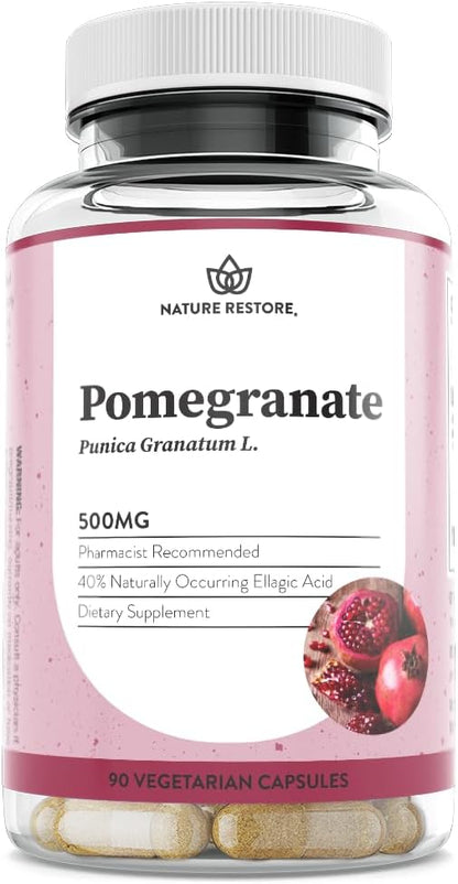 Nature Restore Premium Pomegranate Extract Supplement. Standardized to 40% Ellagic Acid. High Potency Polyphenol Antioxidants for Heart Health & Radiant Skin - 90 Vegan Capsules