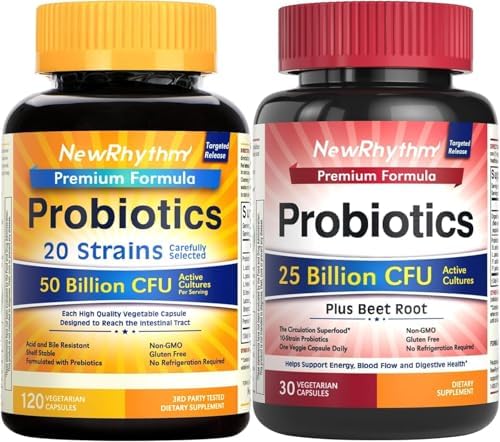 NewRhythm Probiotics 50 Billion CFU 20 Strains, 120 Veggie Capsules and Probiotics for Women & Men 25 Billion CFU, w/Organic Beet Root 2000 mg