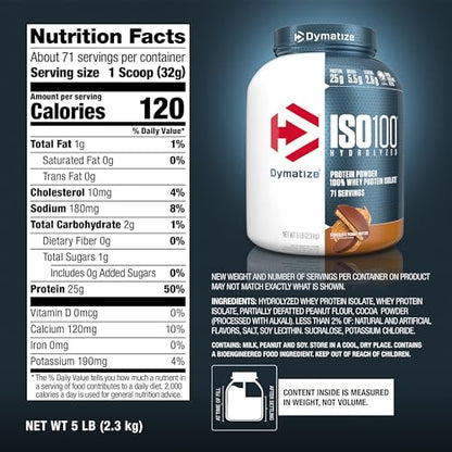 Dymatize ISO 100 Whey Protein Powder with 25g of Hydrolyzed 100% Whey Isolate