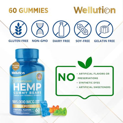 Wellution Hemp Gummies 985,000 High Potency - Fruity Gummy Bear with Hemp Oil