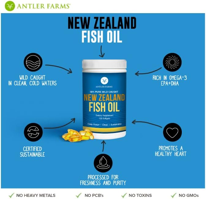 Antler Farms - 100% Pure Wild Caught New Zealand Fish Oil from Deep Ocean, Cold Water Fish, 120 Softgels - Clean, Fresh Omega-3 EPA + DHA Supplement, Keto Friendly, Super Clean | 100% Pure Fish Oil Supplement from Deep Ocean, Cold Water Fish, Clean, Fresh