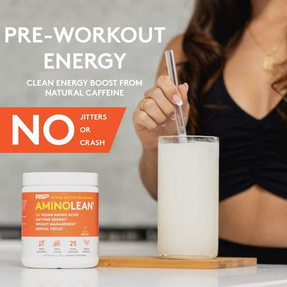 AminoLean Natural Pre Workout Powder & Amino Energy with Vegan BCAA + EAA | Jitter-Free Preworkout Energy from Green Tea + Amino Acids & Weight Management for Women & Men - Naturally Sweetened, Vegan