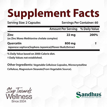 Sandhu's Zinc Quercetin 120 Vegetarian Capsules – Zinc Supplements for Antioxidant