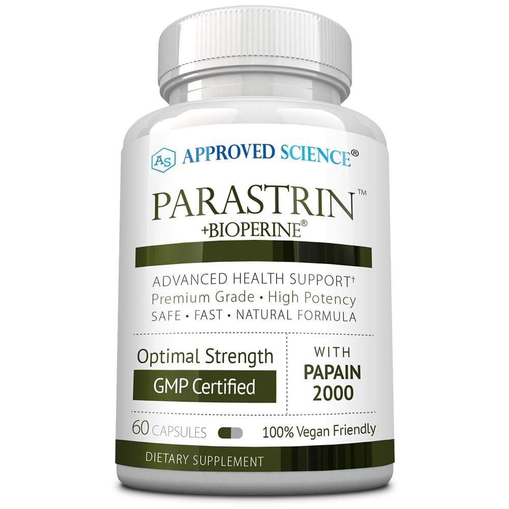 Approved Science Parastrin - Intestinal Detox Cleanse for Humans - Sweet Wormwood Capsules, Black Walnut Hull, Clove, Garlic, Pumpkin, Papain 2000, BioPerine - Men and Women - Vegan - 60 Capsules
