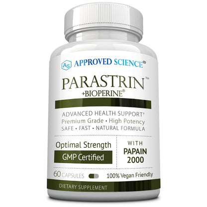 Approved Science Parastrin - Intestinal Detox Cleanse for Humans - Sweet Wormwood Capsules, Black Walnut Hull, Clove, Garlic, Pumpkin, Papain 2000, BioPerine - Men and Women - Vegan - 60 Capsules