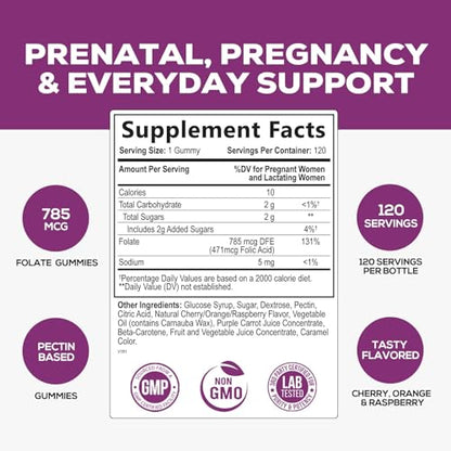 Folic Acid Gummies for Women 785 mcg, Essential Prenatal Vitamins for Mom & Baby, Vegan Folic Acid