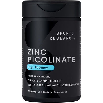 Sports Research High Potency Zinc Picolinate 30mg with Organic Coconut Oil | Highly Absorbable Zinc Supplement for Healthy Immune & Enzyme Function - Non-GMO Tested & Gluten-Free (90 Liquid Softgels)