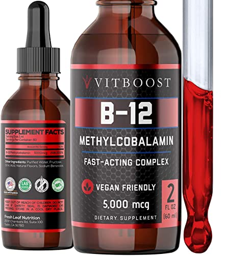 VITBOOST Vegan Liquid B-12 Drops – 60 x 5000 mcg Extra Strength Raspberry Flavored 